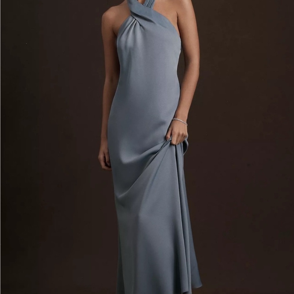 BHLDN Ruby Twist Halter Satin Gown in Storm Cloud Blue